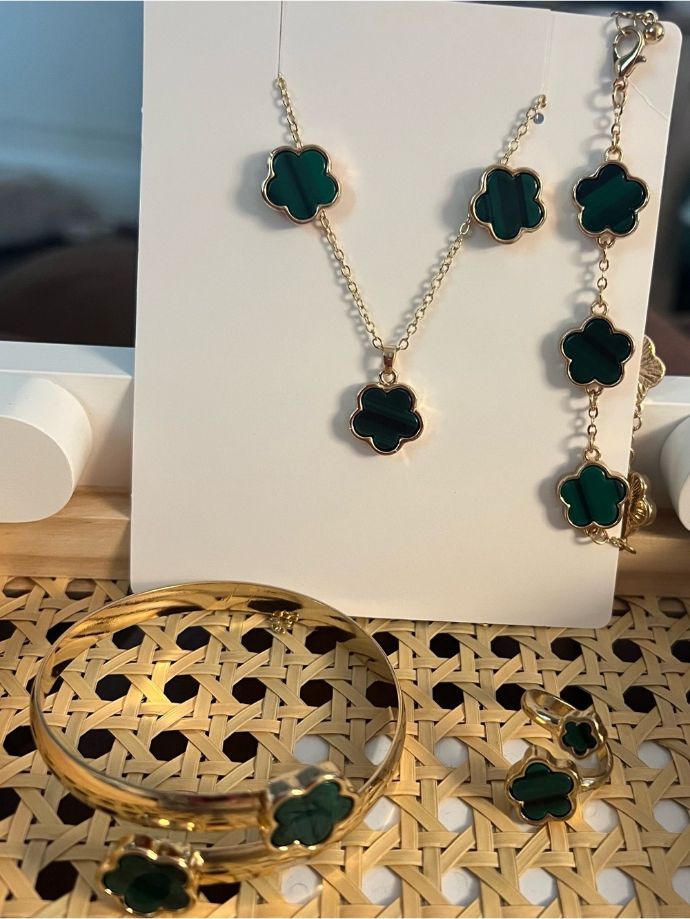 Gold-Tone Green Clover Jewelry Set